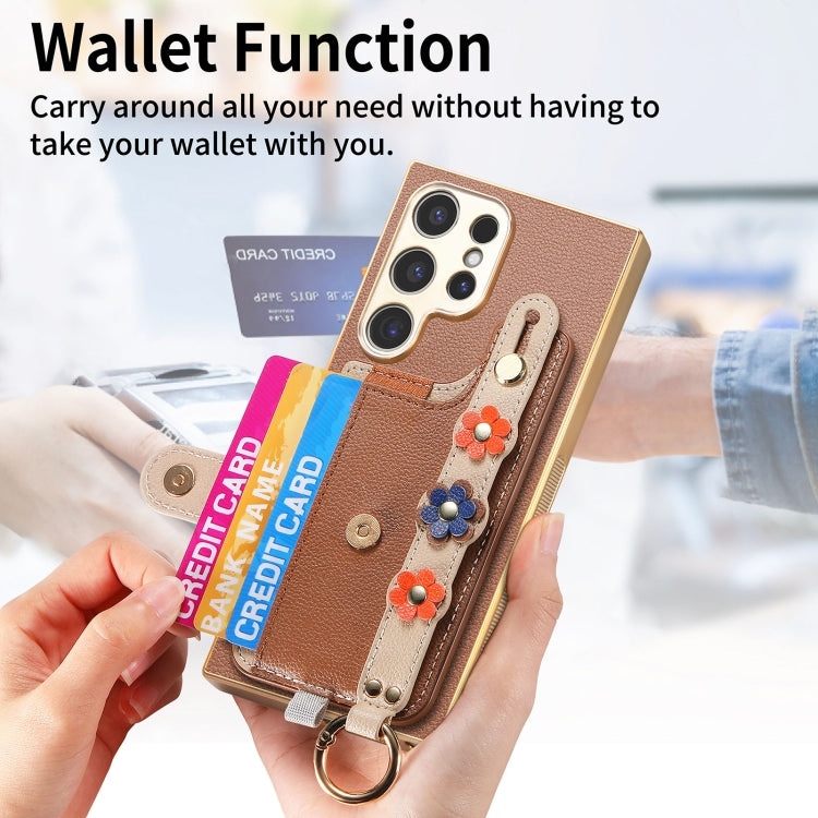For Samsung Galaxy S24 Ultra 5G Stereoscopic Flowers Wristband Card Bag Phone Case(Brown) - Galaxy Phone Cases by PMC Jewellery | Online Shopping South Africa | PMC Jewellery | Buy Now Pay Later Mobicred