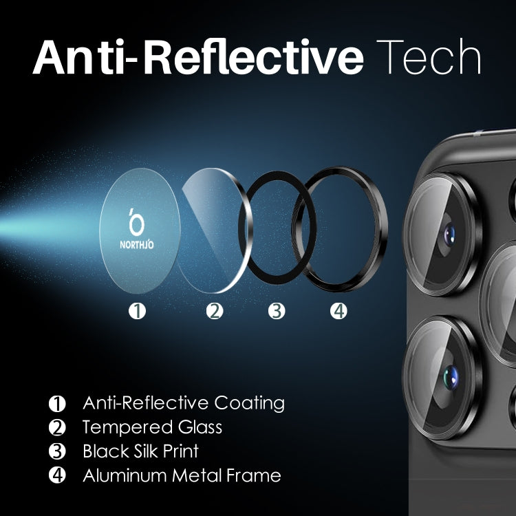 For iPhone 16 Pro / Pro Max NORTHJO 2 Sets 6pcs Camera Lens Protector Cover Metal Ring Film(Black) - free shipping - PMC TechLife - Order now!