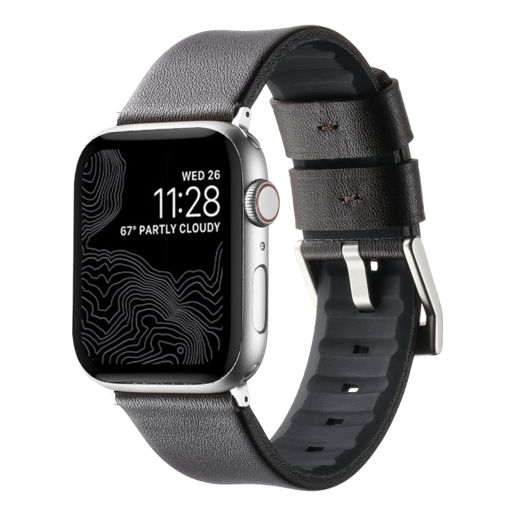 For Apple Watch Series 9 45mm Genuine Leather Hybrid Silicone Watch Band(Coffee Sliver Buckle) - Watch Bands by PMC TechLife | Online Shopping South Africa | PMC TechLife | Buy Now Pay Later Mobicred