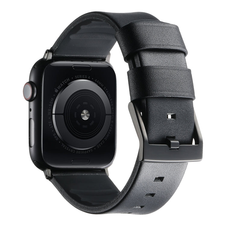 For Apple Watch Series 8 45mm Genuine Leather Hybrid Silicone Watch Band(Black Black Buckle) - Watch Bands by PMC TechLife | Online Shopping South Africa | PMC TechLife | Buy Now Pay Later Mobicred