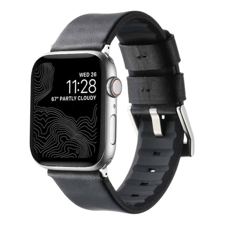 For Apple Watch Series 8 45mm Genuine Leather Hybrid Silicone Watch Band(Black Sliver Buckle) - Watch Bands by PMC TechLife | Online Shopping South Africa | PMC TechLife | Buy Now Pay Later Mobicred