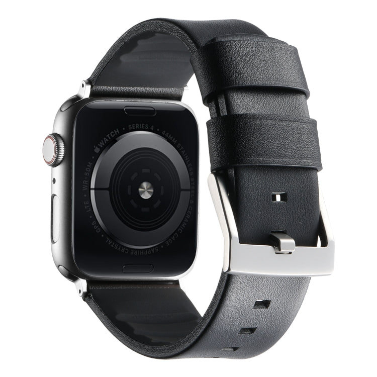 For Apple Watch Series 5 44mm Genuine Leather Hybrid Silicone Watch Band(Black Sliver Buckle) - Watch Bands by PMC TechLife | Online Shopping South Africa | PMC TechLife | Buy Now Pay Later Mobicred