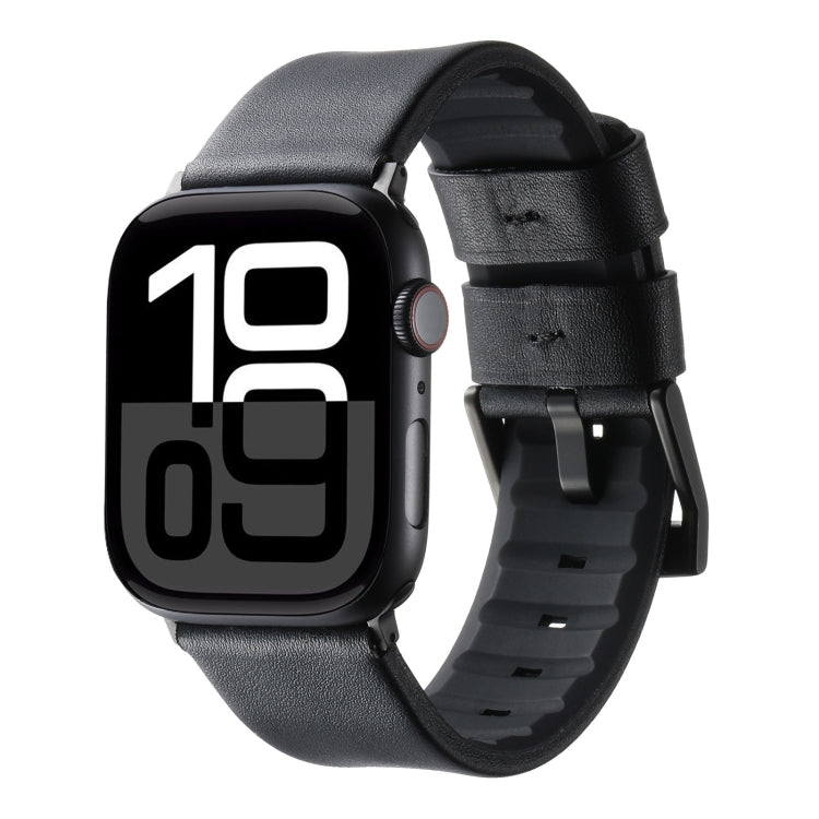 For Apple Watch Series 10 46mm Genuine Leather Hybrid Silicone Watch Band(Black Black Buckle) - Watch Bands by PMC TechLife | Online Shopping South Africa | PMC TechLife | Buy Now Pay Later Mobicred