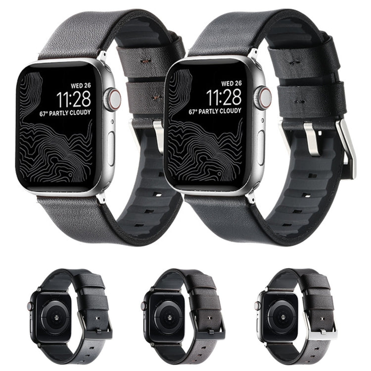 For Apple Watch SE 2023 44mm Genuine Leather Hybrid Silicone Watch Band(Coffee Sliver Buckle) - Watch Bands by PMC TechLife | Online Shopping South Africa | PMC TechLife | Buy Now Pay Later Mobicred