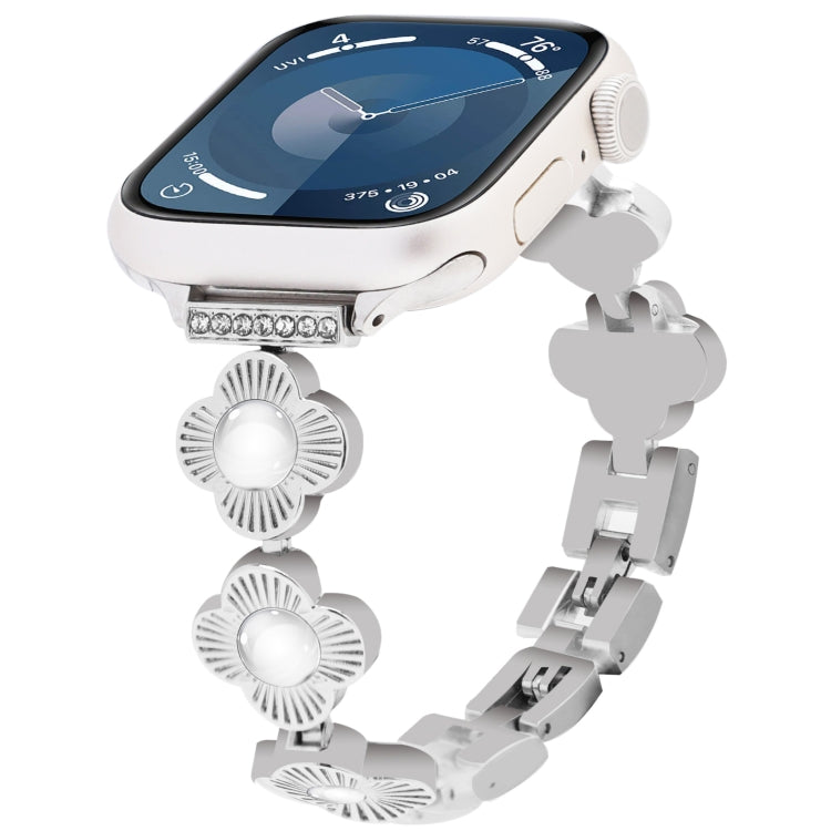 For Apple Watch Series 9 45mm Four Leaf Clover Quick-Release Metal Chain Watch Band(Silver) - free shipping - PMC TechLife - Order now!