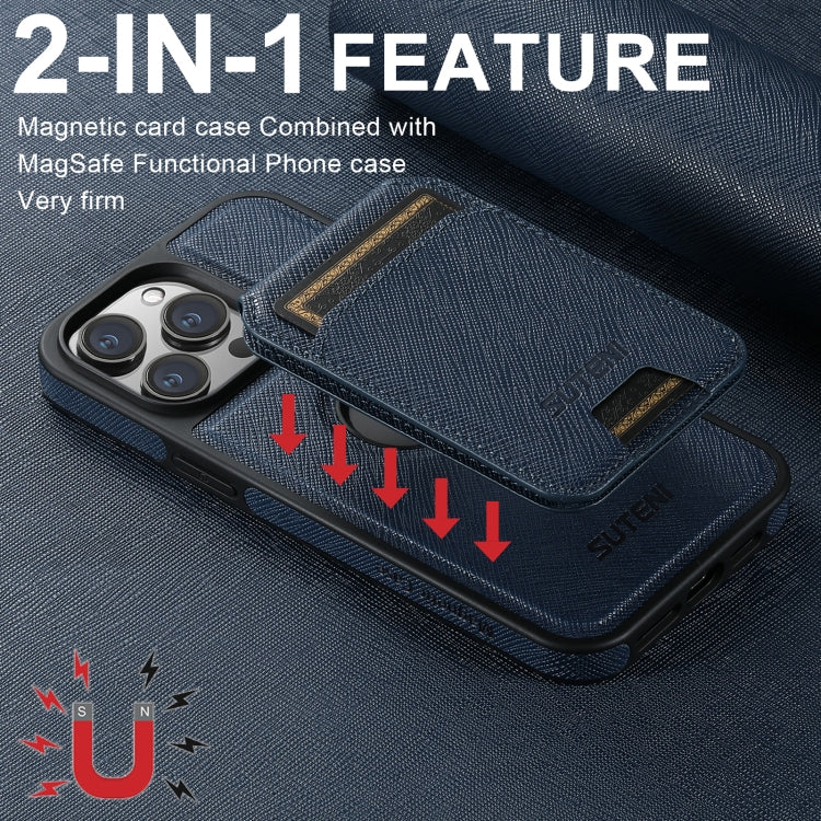 For iPhone 14 Pro Suteni M2 Cross-Grain MagSafe Vertical Card Back Phone Case(Blue) - free shipping - PMC Jewellery - Order now!