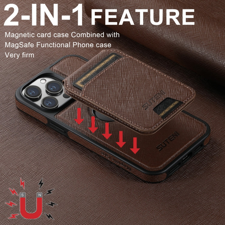 For iPhone 16 Suteni M2 Cross-Grain MagSafe Vertical Card Back Phone Case(Brown) - free shipping - PMC Jewellery - Order now!