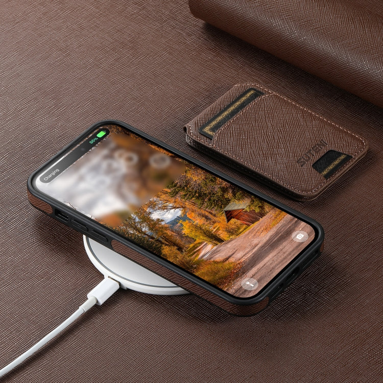 For iPhone 16 Suteni M2 Cross-Grain MagSafe Vertical Card Back Phone Case(Brown) - free shipping - PMC Jewellery - Order now!