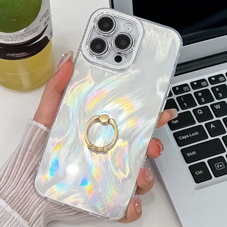 For iPhone 16 Pro Max Plating Glitter Texture Ring Holder TPU Phone Case with Lens Film(White Feather Yarn) - More iPhone Cases by PMC TechLife | Online Shopping South Africa | PMC TechLife | Buy Now Pay Later Mobicred