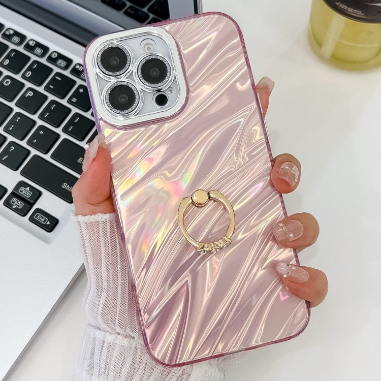 For iPhone 16 Pro Plating Glitter Texture Ring Holder TPU Phone Case with Lens Film(Pink Water Ripples) - iPhone 16 Pro Cases by PMC TechLife | Online Shopping South Africa | PMC TechLife | Buy Now Pay Later Mobicred