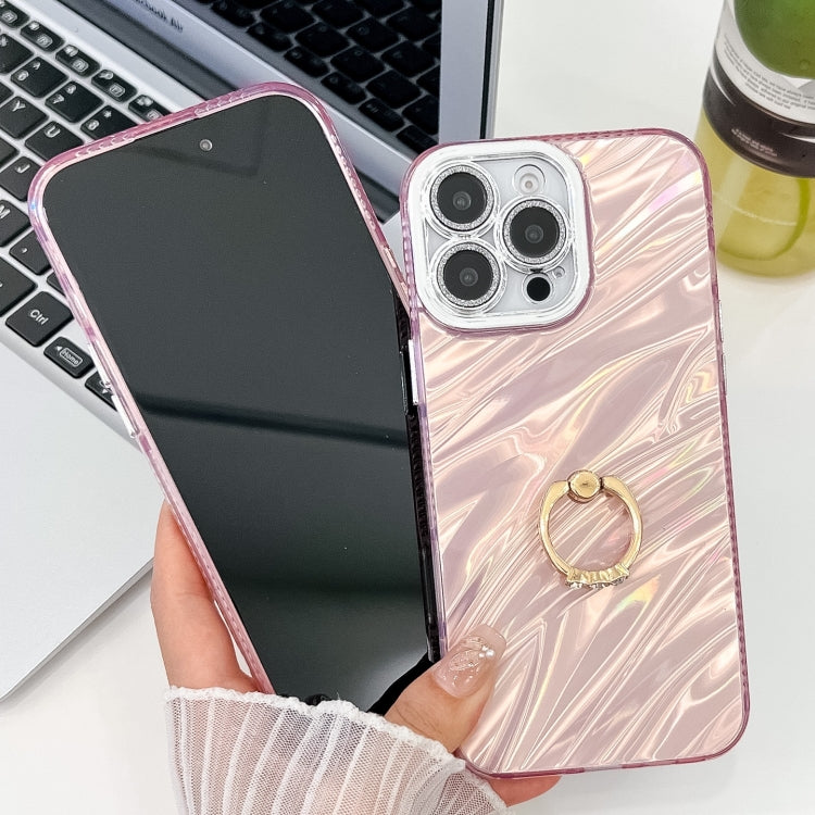 For iPhone 16 Plus Plating Glitter Texture Ring Holder TPU Phone Case with Lens Film(White Water Ripples) - free shipping - PMC TechLife - Order now!