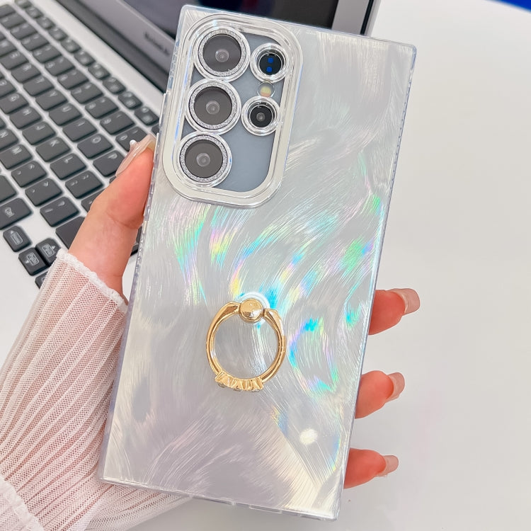 For Samsung Galaxy S25 Ultra 5G Plating Glitter Texture Ring Holder TPU Phone Case with Lens Film(White Feather Yarn) - Galaxy S25 Ultra 5G Cases by PMC Jewellery | Online Shopping South Africa | PMC Jewellery | Buy Now Pay Later Mobicred