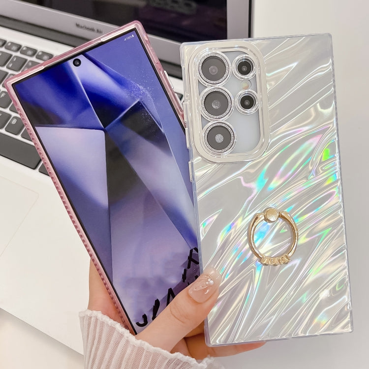 For Samsung Galaxy S25 Ultra 5G Plating Glitter Texture Ring Holder TPU Phone Case with Lens Film(Pink Shell Pattern) - Galaxy S25 Ultra 5G Cases by PMC Jewellery | Online Shopping South Africa | PMC Jewellery | Buy Now Pay Later Mobicred