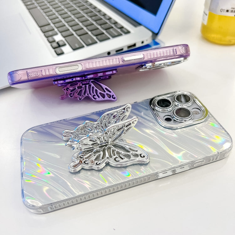 For iPhone 16 Pro Max Plating Glitter Texture Butterfly Holder TPU Phone Case with Lens Film(White Water Ripples) - iPhone 16 Pro Max Cases by PMC TechLife | Online Shopping South Africa | PMC TechLife | Buy Now Pay Later Mobicred