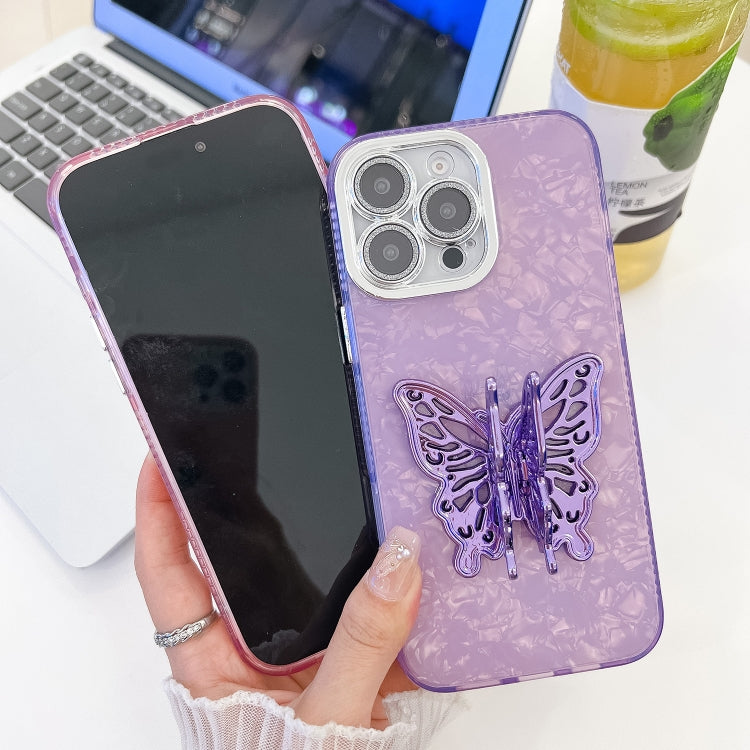For iPhone 16 Plating Glitter Texture Butterfly Holder TPU Phone Case with Lens Film(White Tinfoil Texture) - free shipping - PMC TechLife - Order now!