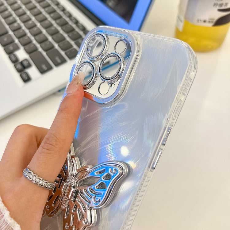 For iPhone 16 Plating Glitter Texture Butterfly Holder TPU Phone Case with Lens Film(White Tinfoil Texture) - free shipping - PMC TechLife - Order now!