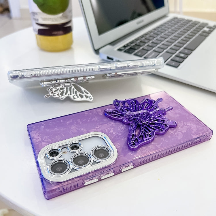 For Samsung Galaxy S25 Ultra 5G Plating Glitter Texture Butterfly Holder TPU Phone Case with Lens Film(Purple Tinfoil Texture) - Galaxy S25 Ultra 5G Cases by PMC Jewellery | Online Shopping South Africa | PMC Jewellery | Buy Now Pay Later Mobicred