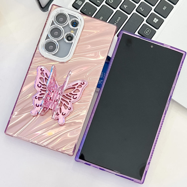 For Samsung Galaxy S25 Ultra 5G Plating Glitter Texture Butterfly Holder TPU Phone Case with Lens Film(Purple Shell Pattern) - Galaxy S25 Ultra 5G Cases by PMC Jewellery | Online Shopping South Africa | PMC Jewellery | Buy Now Pay Later Mobicred