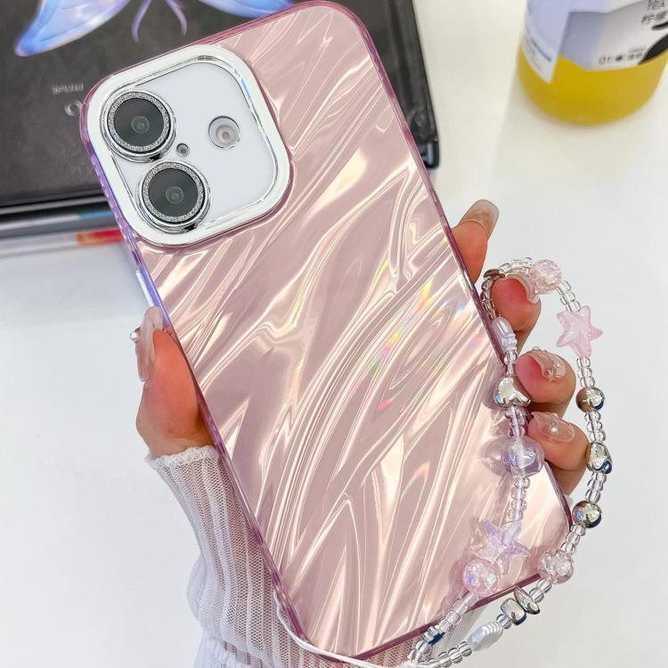 For iPhone 16 Plus Plating Glitter Texture Chain Wristband TPU Phone Case with Lens Film(Pink Water Ripples) - iPhone 16 Plus Cases by PMC TechLife | Online Shopping South Africa | PMC TechLife | Buy Now Pay Later Mobicred
