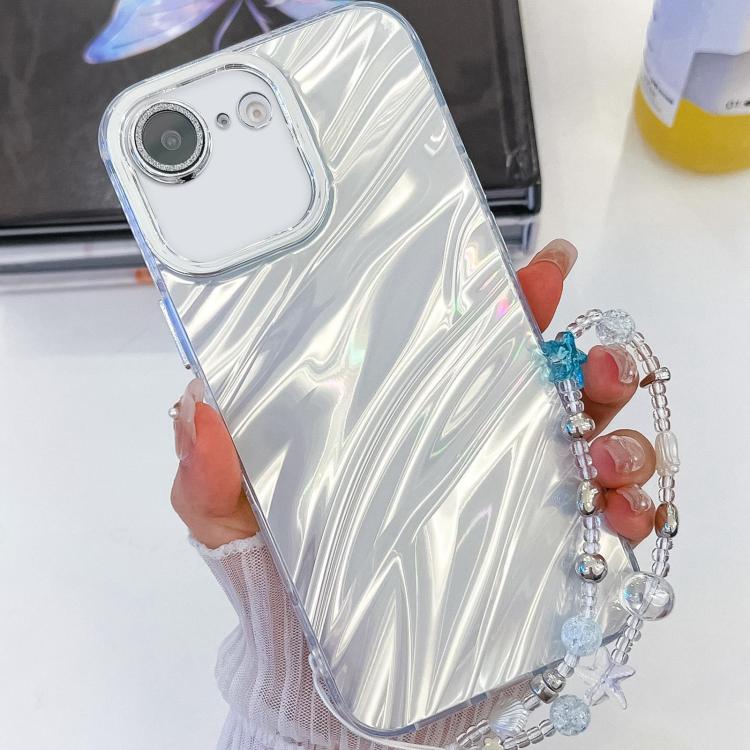 For iPhone 16e Plating Glitter Texture Chain Wristband TPU Phone Case with Lens Film(White Water Ripples) - iPhone 16e Cases by PMC TechLife | Online Shopping South Africa | PMC TechLife | Buy Now Pay Later Mobicred