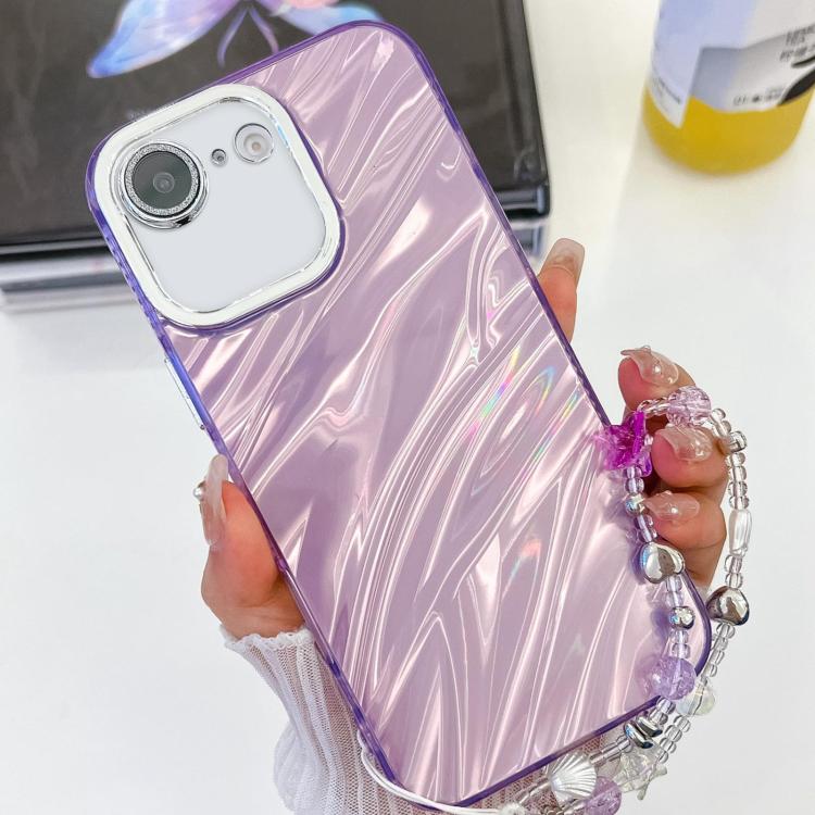 For iPhone 16e Plating Glitter Texture Chain Wristband TPU Phone Case with Lens Film(Purple Water Ripples) - iPhone 16e Cases by PMC TechLife | Online Shopping South Africa | PMC TechLife | Buy Now Pay Later Mobicred