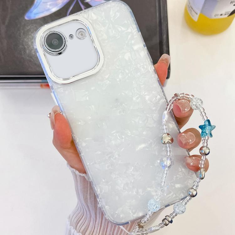 For iPhone 16e Plating Glitter Texture Chain Wristband TPU Phone Case with Lens Film(White Shell Pattern) - iPhone 16e Cases by PMC TechLife | Online Shopping South Africa | PMC TechLife | Buy Now Pay Later Mobicred