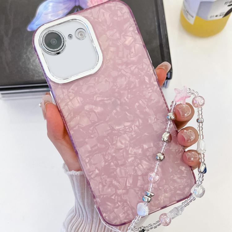 For iPhone 16e Plating Glitter Texture Chain Wristband TPU Phone Case with Lens Film(Pink Shell Pattern) - iPhone 16e Cases by PMC TechLife | Online Shopping South Africa | PMC TechLife | Buy Now Pay Later Mobicred