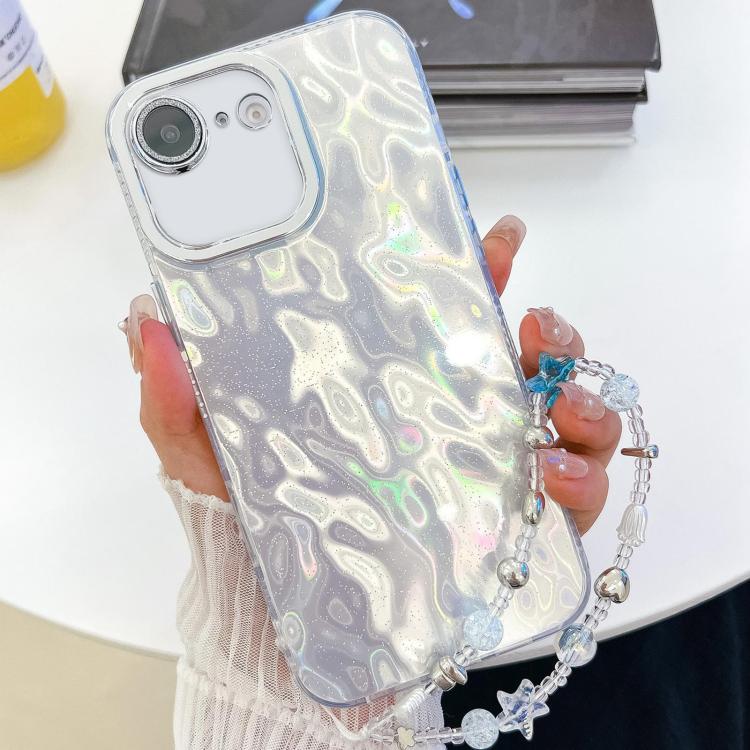 For iPhone 16e Plating Glitter Texture Chain Wristband TPU Phone Case with Lens Film(White Wrinkles) - iPhone 16e Cases by PMC TechLife | Online Shopping South Africa | PMC TechLife | Buy Now Pay Later Mobicred