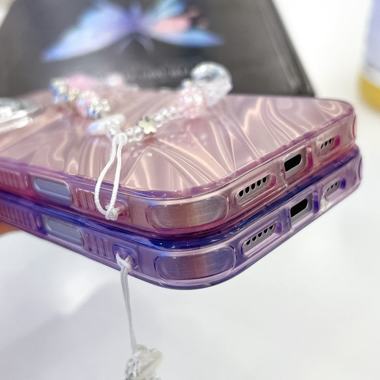 For iPhone 16e Plating Glitter Texture Chain Wristband TPU Phone Case with Lens Film(Pink Feather Yarn) - iPhone 16e Cases by PMC TechLife | Online Shopping South Africa | PMC TechLife | Buy Now Pay Later Mobicred