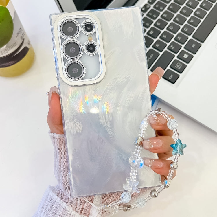 For Samsung Galaxy S25 Ultra 5G Plating Glitter Texture Chain Wristband TPU Phone Case with Lens Film(White Feather Yarn) - Galaxy S25 Ultra 5G Cases by PMC Jewellery | Online Shopping South Africa | PMC Jewellery | Buy Now Pay Later Mobicred