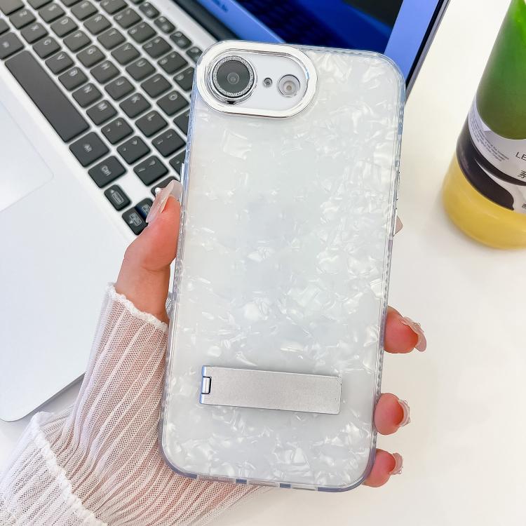 For iPhone 16e Plating Glitter Texture Fold Holder TPU Phone Case with Lens Film(White Shell Pattern) - iPhone 16e Cases by PMC TechLife | Online Shopping South Africa | PMC TechLife | Buy Now Pay Later Mobicred