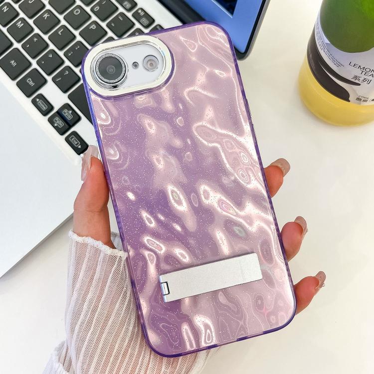 For iPhone 16e Plating Glitter Texture Fold Holder TPU Phone Case with Lens Film(Purple Wrinkles) - iPhone 16e Cases by PMC TechLife | Online Shopping South Africa | PMC TechLife | Buy Now Pay Later Mobicred