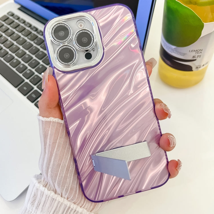 For iPhone 16 Pro Max Plating Glitter Texture Fold Holder TPU Phone Case with Lens Film(White Water Ripples) - iPhone 16 Pro Max Cases by PMC TechLife | Online Shopping South Africa | PMC TechLife | Buy Now Pay Later Mobicred