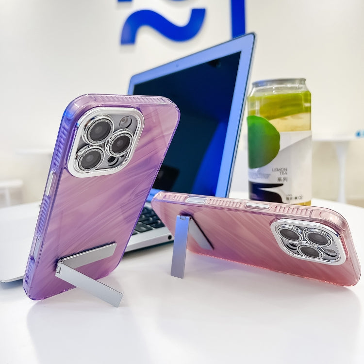 For iPhone 16e Plating Glitter Texture Fold Holder TPU Phone Case with Lens Film(Pink Feather Yarn) - iPhone 16e Cases by PMC TechLife | Online Shopping South Africa | PMC TechLife | Buy Now Pay Later Mobicred