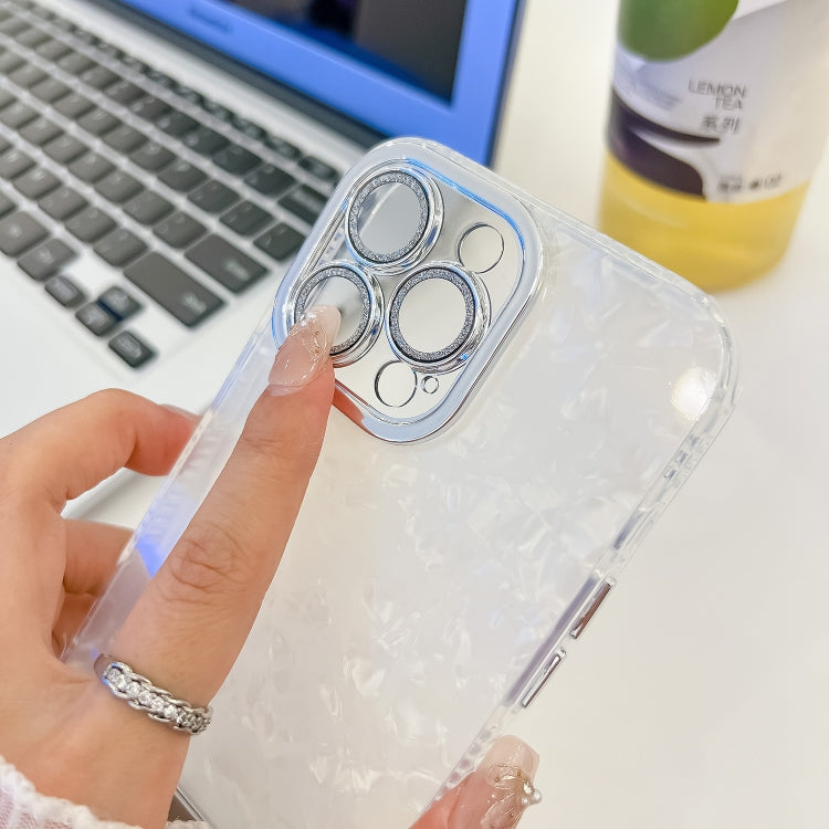 For iPhone 16e Plating Glitter Texture Fold Holder TPU Phone Case with Lens Film(White Shell Pattern) - iPhone 16e Cases by PMC TechLife | Online Shopping South Africa | PMC TechLife | Buy Now Pay Later Mobicred