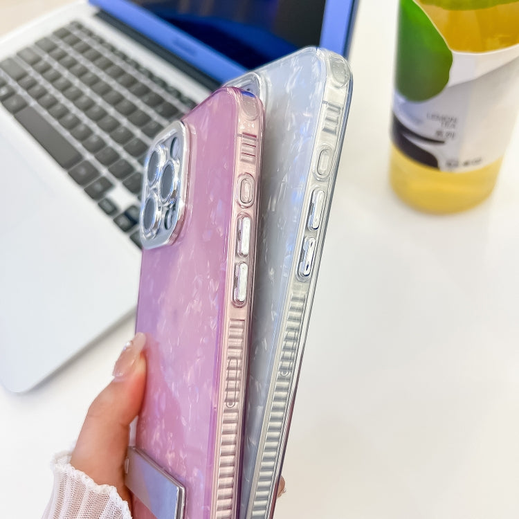 For iPhone 16 Plus Plating Glitter Texture Fold Holder TPU Phone Case with Lens Film(Purple Feathers) - iPhone 16 Plus Cases by PMC TechLife | Online Shopping South Africa | PMC TechLife | Buy Now Pay Later Mobicred