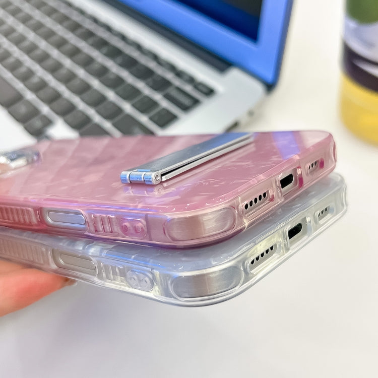 For iPhone 16e Plating Glitter Texture Fold Holder TPU Phone Case with Lens Film(Pink Feather Yarn) - iPhone 16e Cases by PMC TechLife | Online Shopping South Africa | PMC TechLife | Buy Now Pay Later Mobicred