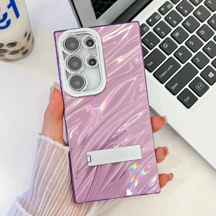 For Samsung Galaxy S25 Ultra 5G Plating Glitter Texture Fold Holder TPU Phone Case with Lens Film(Purple Water Ripples) - Galaxy S25 Ultra 5G Cases by PMC Jewellery | Online Shopping South Africa | PMC Jewellery | Buy Now Pay Later Mobicred