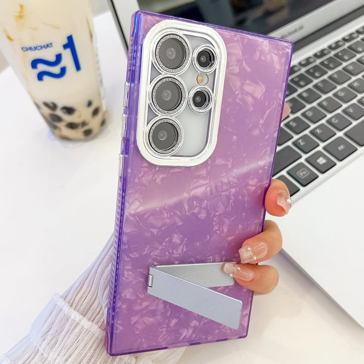 For Samsung Galaxy S25 Ultra 5G Plating Glitter Texture Fold Holder TPU Phone Case with Lens Film(White Shell Pattern) - Galaxy S25 Ultra 5G Cases by PMC Jewellery | Online Shopping South Africa | PMC Jewellery | Buy Now Pay Later Mobicred
