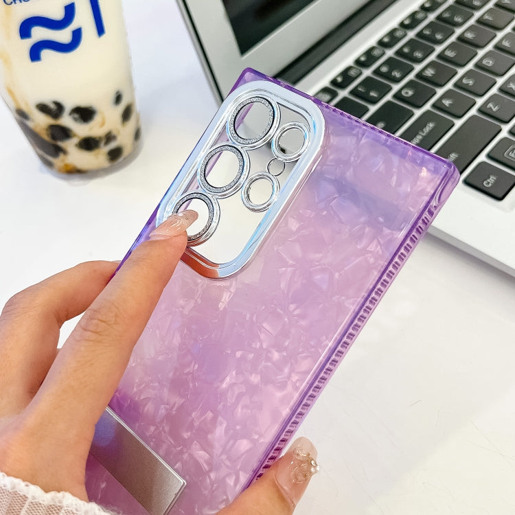 For Samsung Galaxy S25 Ultra 5G Plating Glitter Texture Fold Holder TPU Phone Case with Lens Film(White Shell Pattern) - Galaxy S25 Ultra 5G Cases by PMC Jewellery | Online Shopping South Africa | PMC Jewellery | Buy Now Pay Later Mobicred