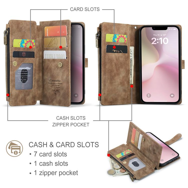 For iPhone 16e CaseMe C30 Card Slots Zipper Wallet Leather Phone Case(Brown) - iPhone 16e Cases by CaseMe | Online Shopping South Africa | PMC TechLife | Buy Now Pay Later Mobicred