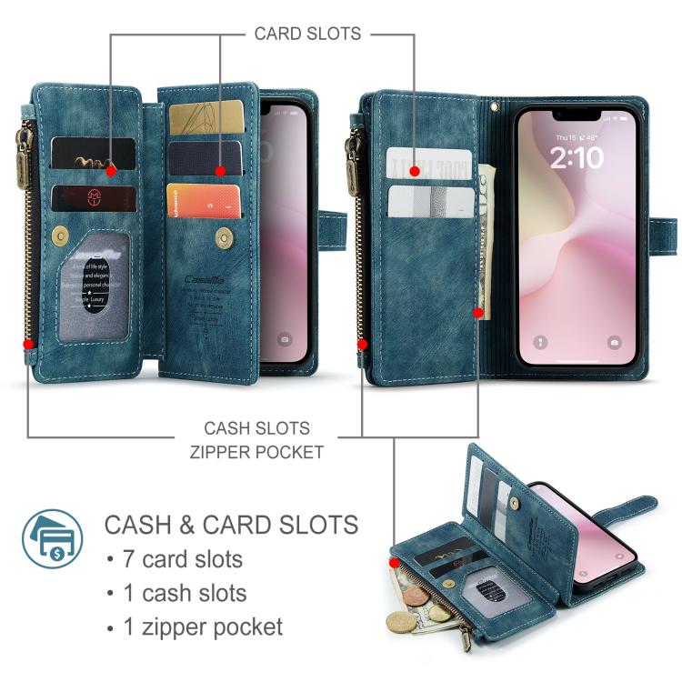 For iPhone 16e CaseMe C30 Card Slots Zipper Wallet Leather Phone Case(Blue) - iPhone 16e Cases by CaseMe | Online Shopping South Africa | PMC TechLife | Buy Now Pay Later Mobicred
