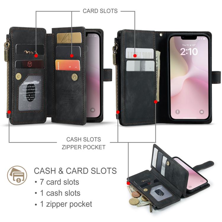 For iPhone 16e CaseMe C30 Card Slots Zipper Wallet Leather Phone Case(Black) - iPhone 16e Cases by CaseMe | Online Shopping South Africa | PMC TechLife | Buy Now Pay Later Mobicred