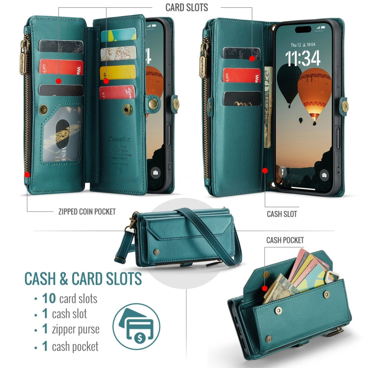 For iPhone 16 Plus CaseMe C36 Card Slots Zipper Wallet RFID Anti-theft Leather Phone Case(Blue) - free shipping - PMC Jewellery - Order now!