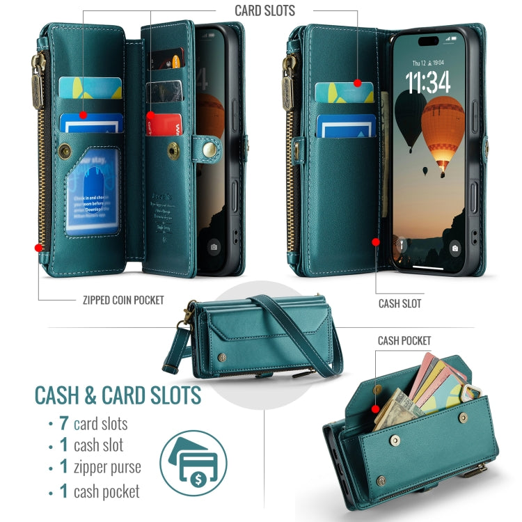 For iPhone 16 CaseMe C36 Card Slots Zipper Wallet RFID Anti-theft Leather Phone Case(Blue) - free shipping - PMC Jewellery - Order now!