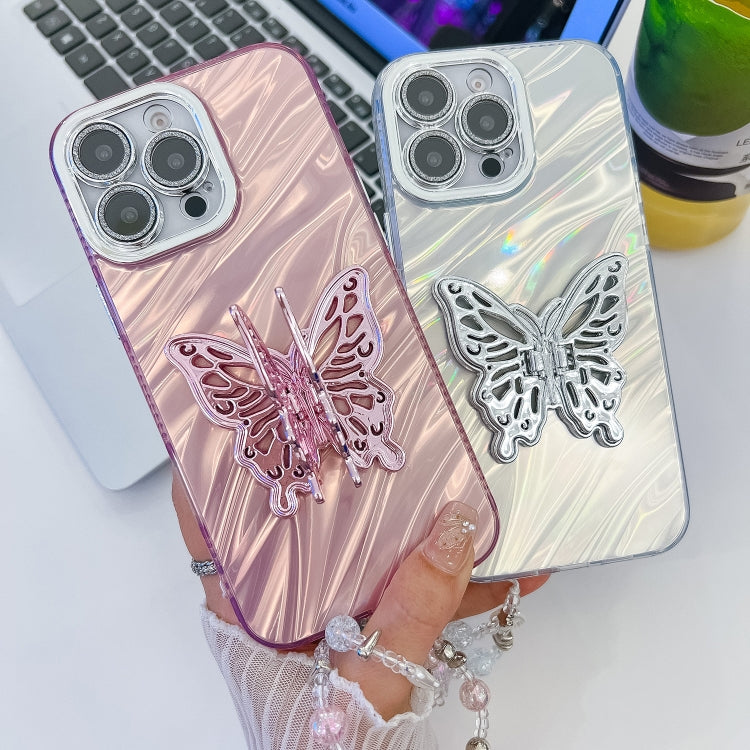 For iPhone 16 Pro Plating Glitter Lens Film Texture Butterfly Holder Wristband Phone Case(White Feathers) - iPhone 16 Pro Cases by PMC TechLife | Online Shopping South Africa | PMC TechLife | Buy Now Pay Later Mobicred