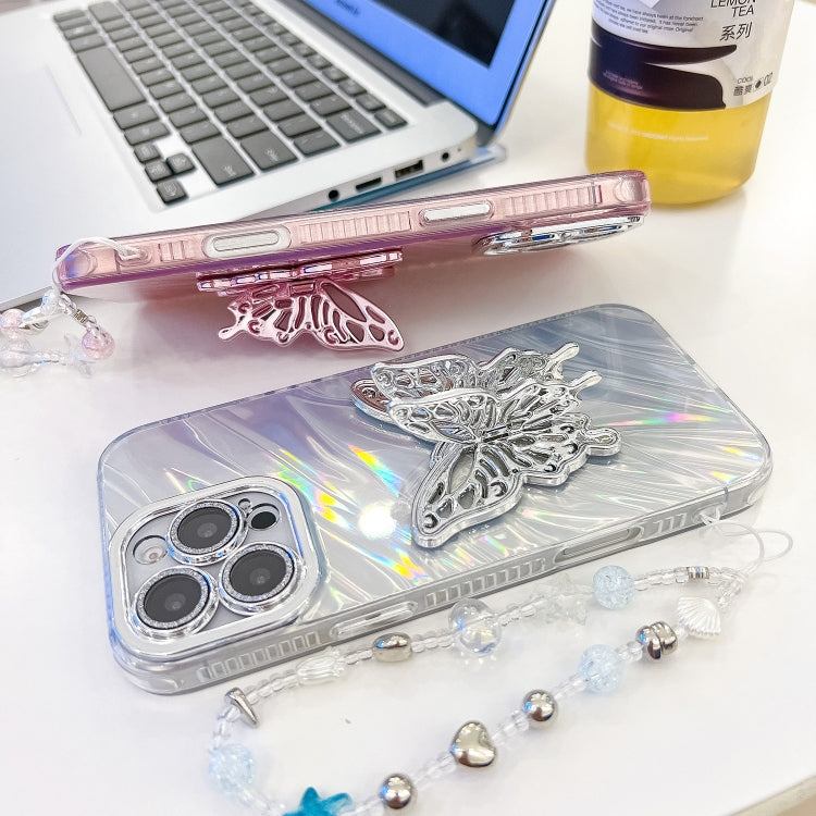 For iPhone 16 Pro Max Plating Glitter Lens Film Texture Butterfly Holder Wristband Phone Case(White Water Ripples) - iPhone 16 Pro Max Cases by PMC TechLife | Online Shopping South Africa | PMC TechLife | Buy Now Pay Later Mobicred