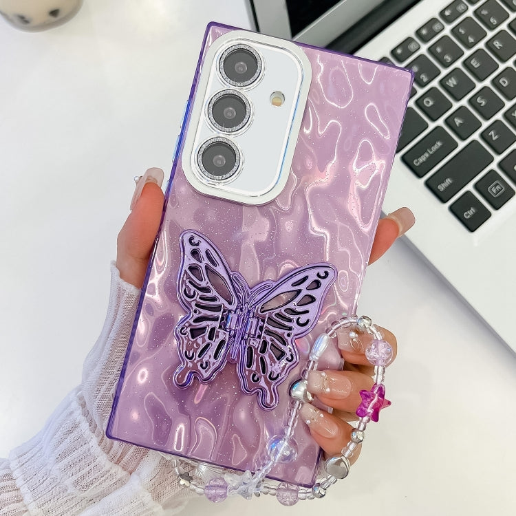 For Samsung Galaxy S25 5G Plating Glitter Lens Film Texture Butterfly Holder Wristband Phone Case(Purple Wrinkles) - free shipping - PMC Jewellery - Order now!
