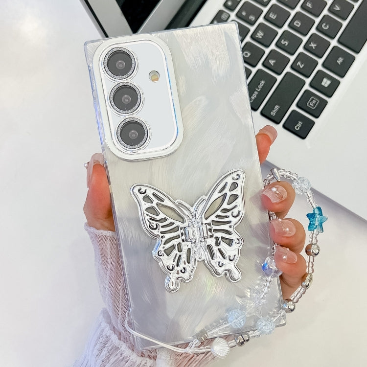 For Samsung Galaxy S25+ 5G Plating Glitter Lens Film Texture Butterfly Holder Wristband Phone Case(White Feather Yarn) - Galaxy S25+ 5G Cases by PMC Jewellery | Online Shopping South Africa | PMC Jewellery | Buy Now Pay Later Mobicred