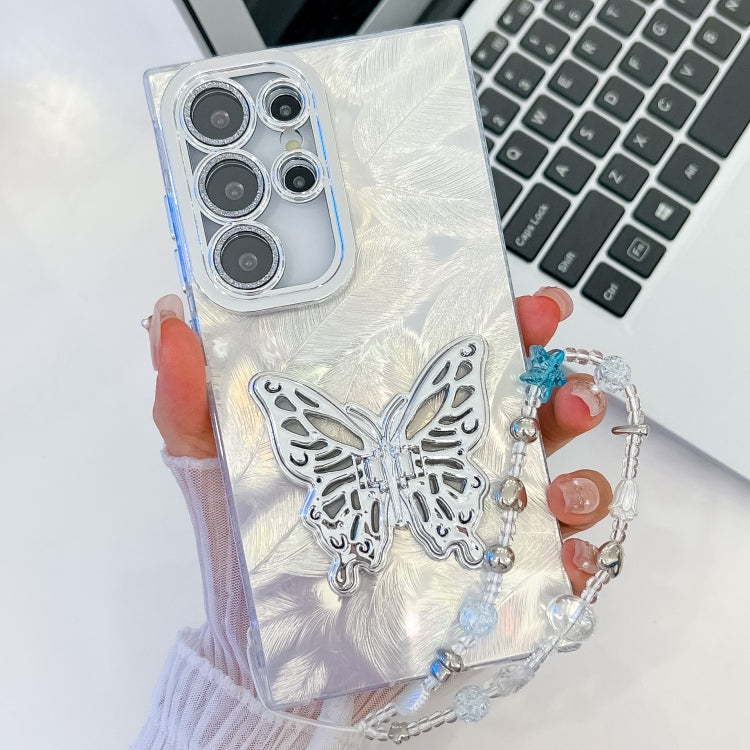 For Samsung Galaxy S25 Ultra 5G Plating Glitter Lens Film Texture Butterfly Holder Wristband Phone Case(White Feathers) - free shipping - PMC Jewellery - Order now!
